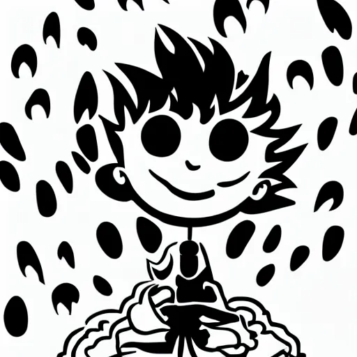 Image similar to black and white anime character of a piece of fluffy popcorn with a smiling face and flames for hair, sitting on a lotus flower, clean composition, symmetrical