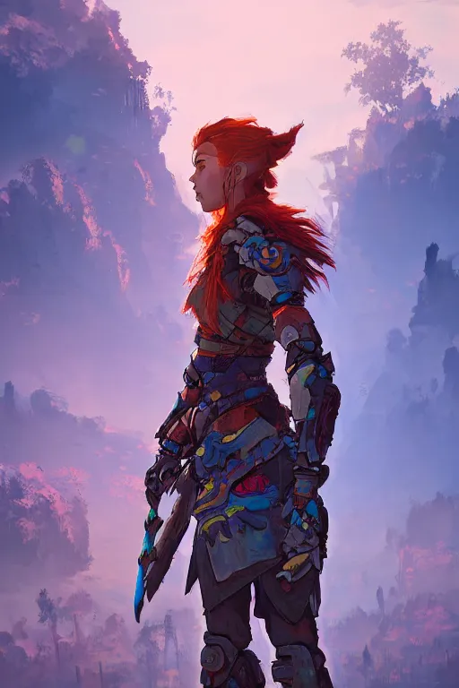 Image similar to combination suit armor aloy horizon forbidden west horizon zero dawn radiating a glowing aura global illumination ray tracing hdr fanart arstation by ian pesty and alena aenami artworks in 4 k tribal robot ninja mask helmet backpack