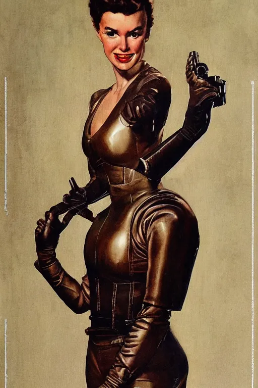 Image similar to 5 0 s pulp scifi fantasy illustration upper body portrait striking elegant mature woman in leather spacesuit by norman rockwell, roberto ferri, daniel gerhartz, edd cartier, jack kirby, howard v brown, ruan jia, tom lovell, frank r paul, jacob collins, dean cornwell, astounding stories, amazing, fantasy, other worlds