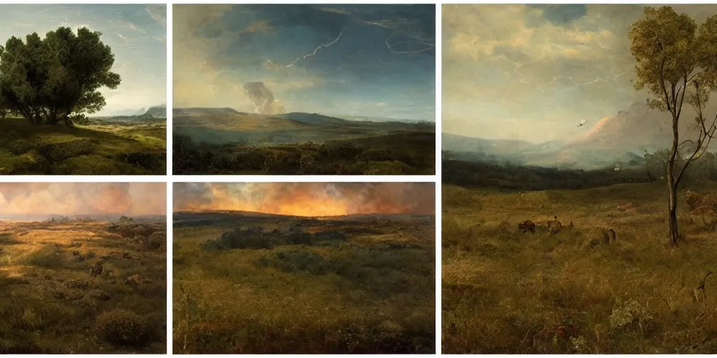 Image similar to two completly different landscapes divided exaclty in the horizontal middle by a mysterious force, one landscape on the left with a lot of fire and burned ground and no life and burning sky and on the right the completly opposite landscape with a lot flora and fauna and trees and blue sky and green ground with lots of gras and animals, hyperrealistic, high quality, 4k, ultra detailed