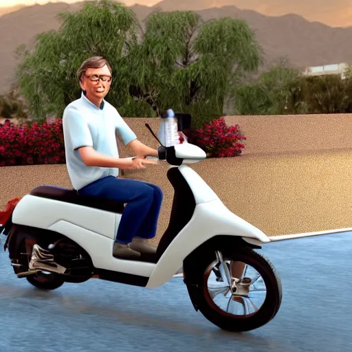 Image similar to bill gates riding a 1 9 8 7 honda elite scooter in palm springs, 3 d, unreal engine,