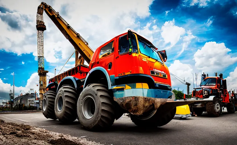 Prompt: monster truck cement mixer construction vehicle with tank turret and crane in front of a road construction site, dystopian, imax, dramatic clouds