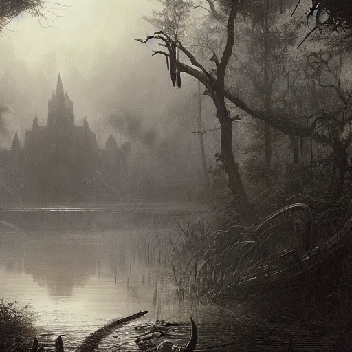 Image similar to a crocodile swimming in a swamp horror gustave dore greg rutkowski sinister by greg rutkowski, grey mist