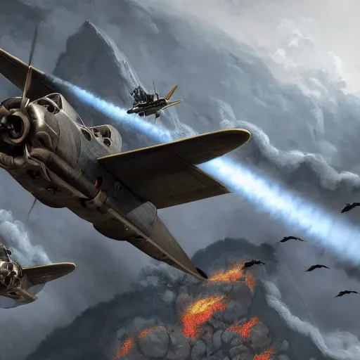 Image similar to a detailed matte painting of a pteridactal flying with nazi messerchmitts in a bombing raid, 8 k, artstation, art in a noir crime novel style