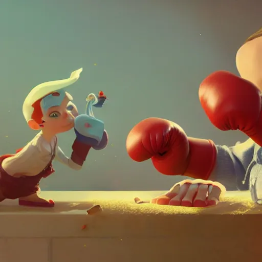 Image similar to slice of bread with boxing gloves on, cute pixar character, volumetric lighting, dynamic composition, fantasy, hyper detailed, ultra realistic, sharp focus, octane render, concept art by sachin teng and sergey kolesov and ruan jia and heng z