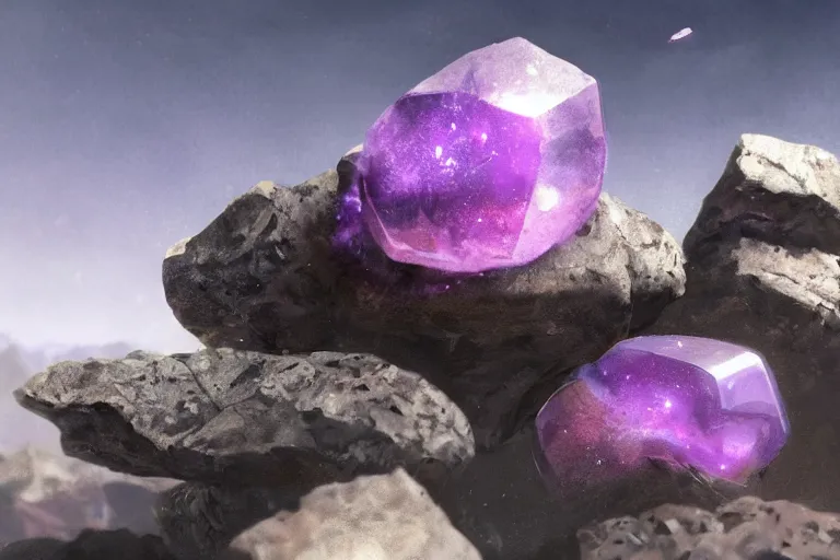 Prompt: close-up of three tiny magical purple stones, fragmented, debris floating in mid air, stones connected by magical energy, white background, concept art in style of Greg Rutkowski, painted by Frank Frazetta, trending on artstation