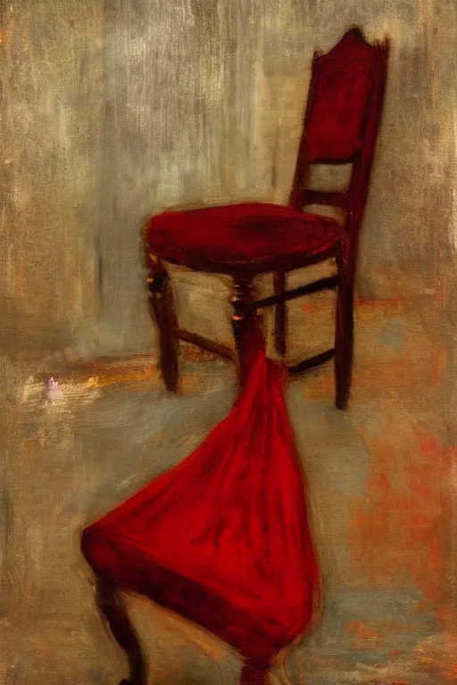 Image similar to an empty red dress laid across a chair in a dark victorian era room. in the style of american impressionism painting.