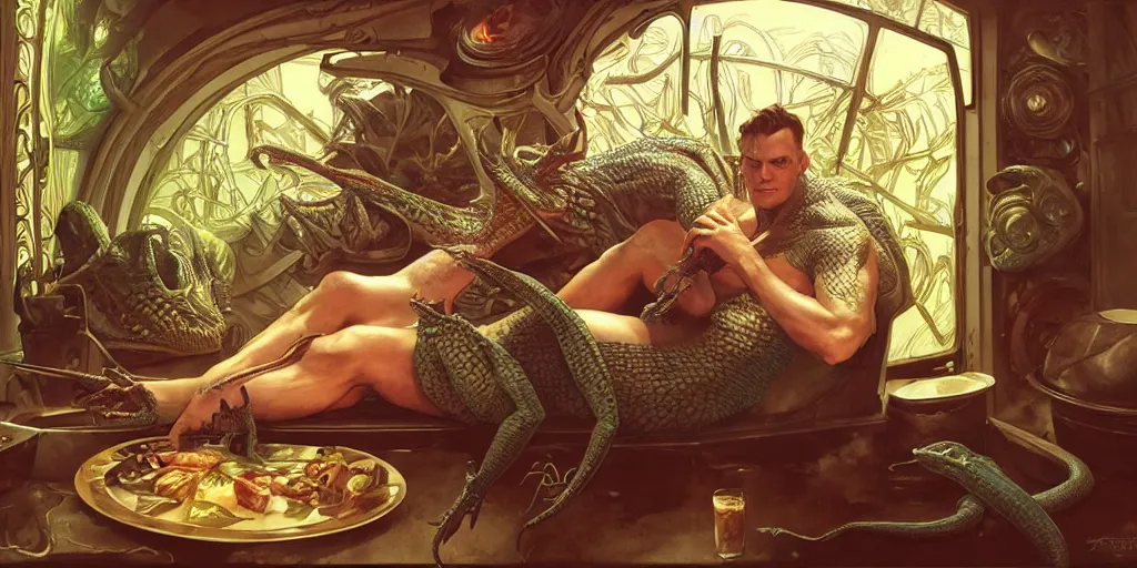 Prompt: lizardman lounging in a chair in front of an oven, fantasy, highly detailed, digital painting, concept art, matte, sharp focus, illustration by artgerm, art by greg rutkowski, art by alphonse mucha