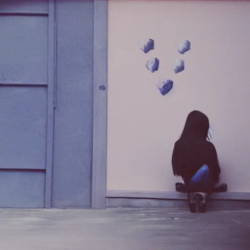 Prompt: a potrait of a girl who sitdown infront of a big school, blueish, kodak 4 0 0, photorealistic style, 8 k