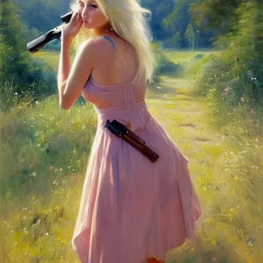 Image similar to mysterious blonde woman in hot dress in the swedish countryside, holding a shotgun, freedom, scenic, beautiful, masterpiece, highly detailed, painting by vladimir volegov