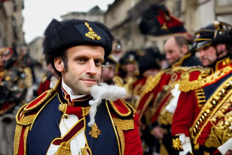 Prompt: closeup portrait of emmanuel macron dressed as napoleon with a cannon in the street, natural light, sharp, detailed face, magazine, press, photo, steve mccurry, david lazar, canon, nikon, focus