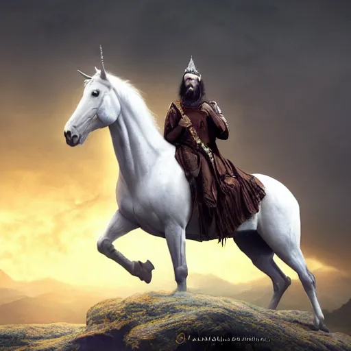 Prompt: a masterpiece matte painting of a man riding on a white horse with eyes like flames, many crowns upon his head, a robe dipped in blood, by gustav dore and paul barson, 8 k, uhd, cgsociety, trending on artstation,