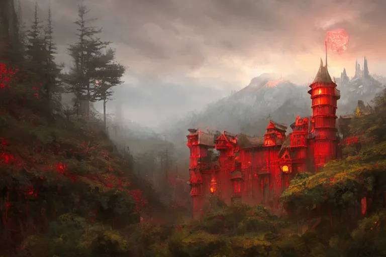 Image similar to A red castle with forested mountains in the background, oil painting, detailed, high fantasy, soft lighting, by Ruan Jia and Mandy Jurgens