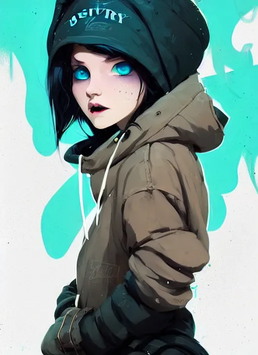 Image similar to highly detailed portrait of a sewer punk lady student, blue eyes, burberry hoodie, white hair by atey ghailan, by greg rutkowski, by greg tocchini, by james gilleard, by joe fenton, by kaethe butcher, gradient blue, black, brown and cyan color scheme, grunge aesthetic!!! ( ( graffiti tag wall background ) )