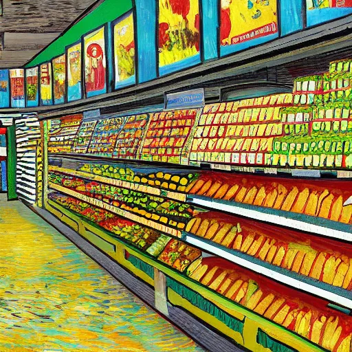 Prompt: supermarket aisle in the style of van gogh