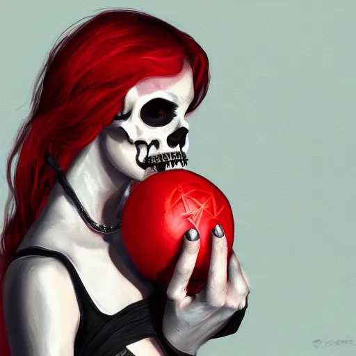 Prompt: Female death holding a red and black skull with the top cut off in one hand up to her face like hamlet, kodachrome, high contrast, highly detailed, sharp focus, digital painting, concept art, illustration, trending on artstation,