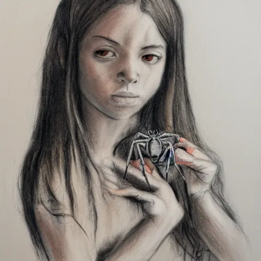 Prompt: a girl with a spider, charcoal on paper, bright pastel colors