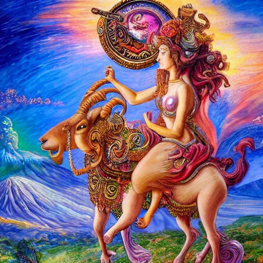 Prompt: a painting by josephine wall depicting a goddess riding a ram while checking her cell phone, erupting volcano and sunrise in distance in background, flowers in foreground, acrylic on canvas, intricately detailed, high resolution, trending on artstation