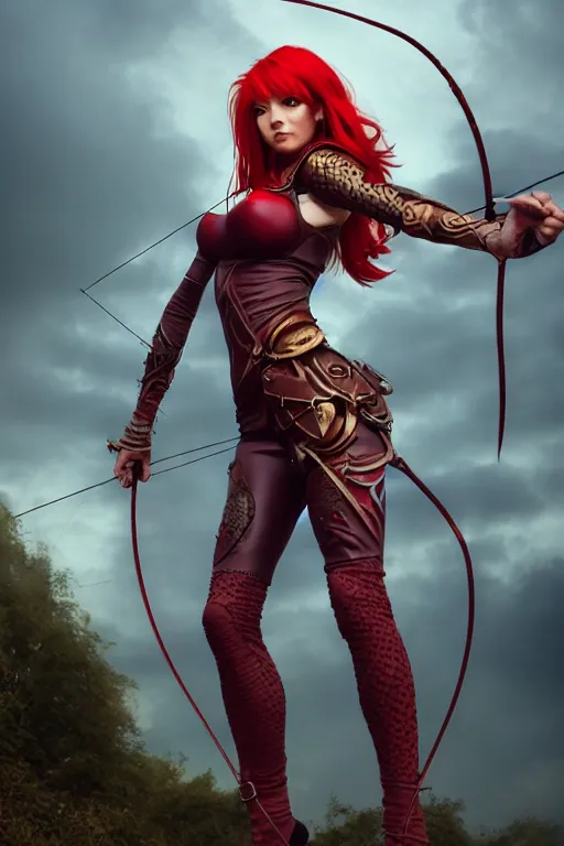 Prompt: Female archer, dnd, d&d, leggins, red skintight leather armor, red hair, Low-Angle, visible face!, beautiful face!, alluring, D-cup, toned derriere, high fantasy, realistic!, extremely detailed, matte painting, by wlop and Frank Franzzeta, artstation