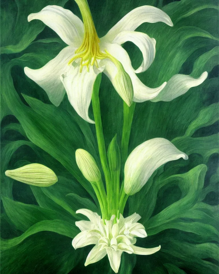 Image similar to achingly beautiful painting of one white lily on green background rene magritte, monet, and turner. piranesi. macro lens.