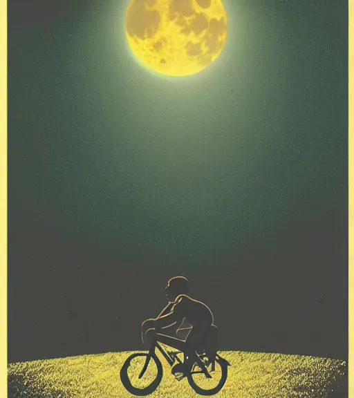 Image similar to superman riding a bike across the full moon as silhouette, from the movie e. t. the extra terrestrial, with dark trees in foreground, cinematic frame by steven spielberg, hd