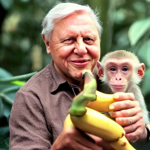 Prompt: david attenborough holding a banana out to a tiny monkey, still from nature documentary