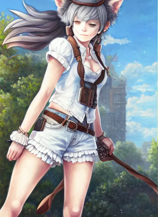 Image similar to a portrait of catgirl wearing white vest, and denim shorts an ultrafine detailed painting, detailed painting, detailed eyes, octopath traveler