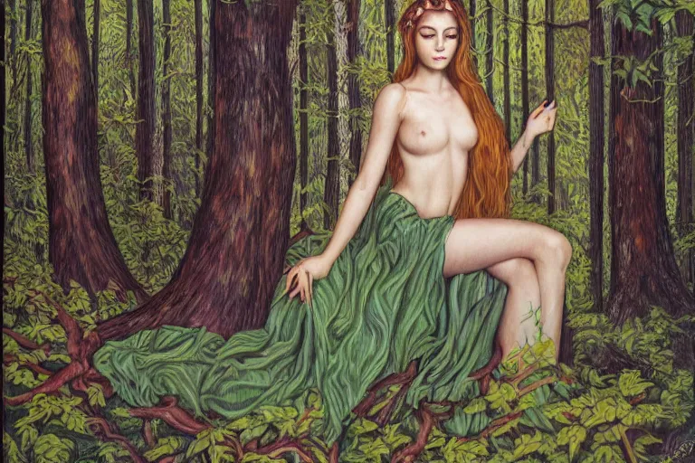 Image similar to a beautiful girl relaxing in the forest by amanda sage, portrait,