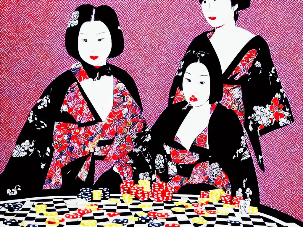 Image similar to hyperrealism composition of the detailed woman in a japanese kimono sitting at an extremely detailed poker table with darth vader, fireworks on the background, pop - art style, jacky tsai style, andy warhol style, acrylic on canvas