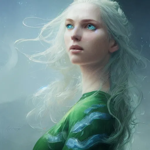 Image similar to portrait of a beautiful young woman with glowing blue eyes, flowing white hair, dressed in a green, detailed face, fantasy, highly detailed, cinematic lighting, digital art painting by greg rutkowski and artgem, trending on artstation, very very beautiful, very attractive