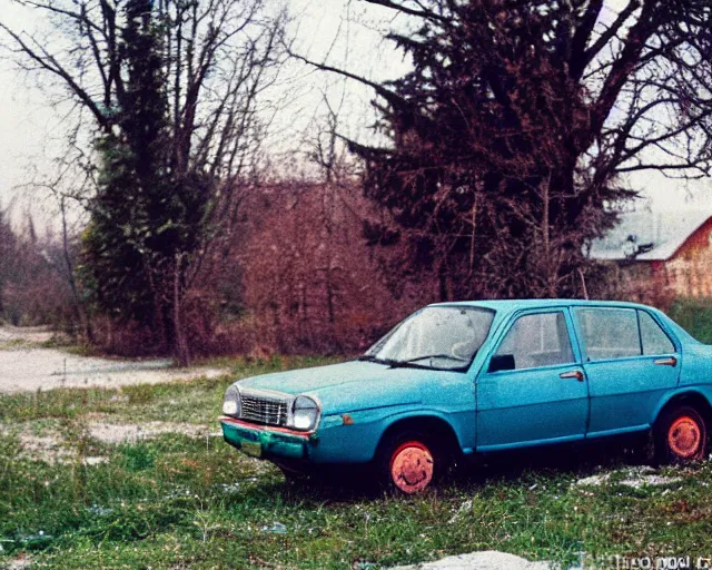 Image similar to a lomographic photo of old lada 2 1 0 7 standing in typical soviet yard in small town, hrushevka on background, cinestill, bokeh