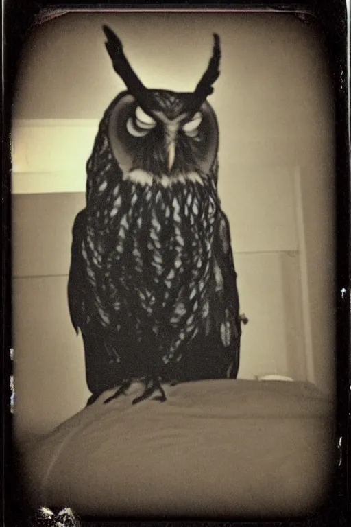 Image similar to paranormal polaroid of a singular demonic and very big owl perched on the bed headboard, low key lighting, creepy atmosphere