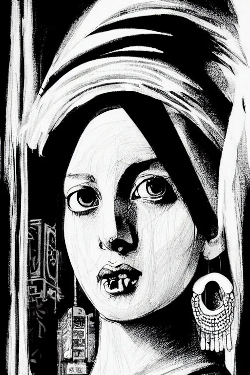 Image similar to beautiful portrait of a woman, negative no not the girl with a pearl earring, highly detailed ink illustration of a narrow neon lit tokyo alley, b & w clean shaped illustration by kim jung gi, ric estrada, ron english and eiichiro oda