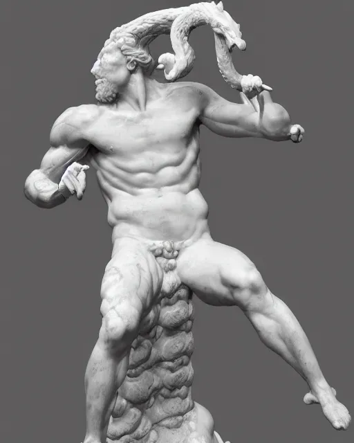 Image similar to an old marble statue of a hydra from herculean myths, hyper realistic, 4 k, grainy marble, hyper detailed