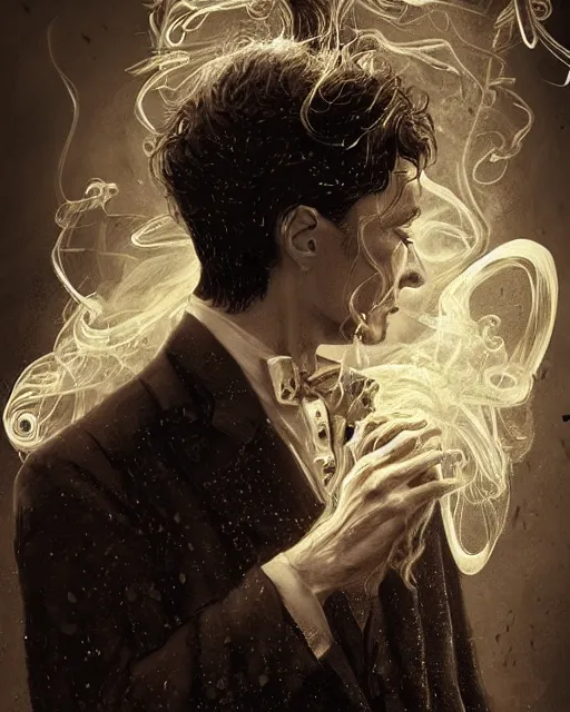 Image similar to a highly detailed portrait of devious male magician radiating a powerful energy aura, back tuxedo, wispy tendrils of smoke, intricate, digital painting, old english, raining, sepia, particles floating, whimsical background by marc simonetti, artwork by ramond swanland and liam wong