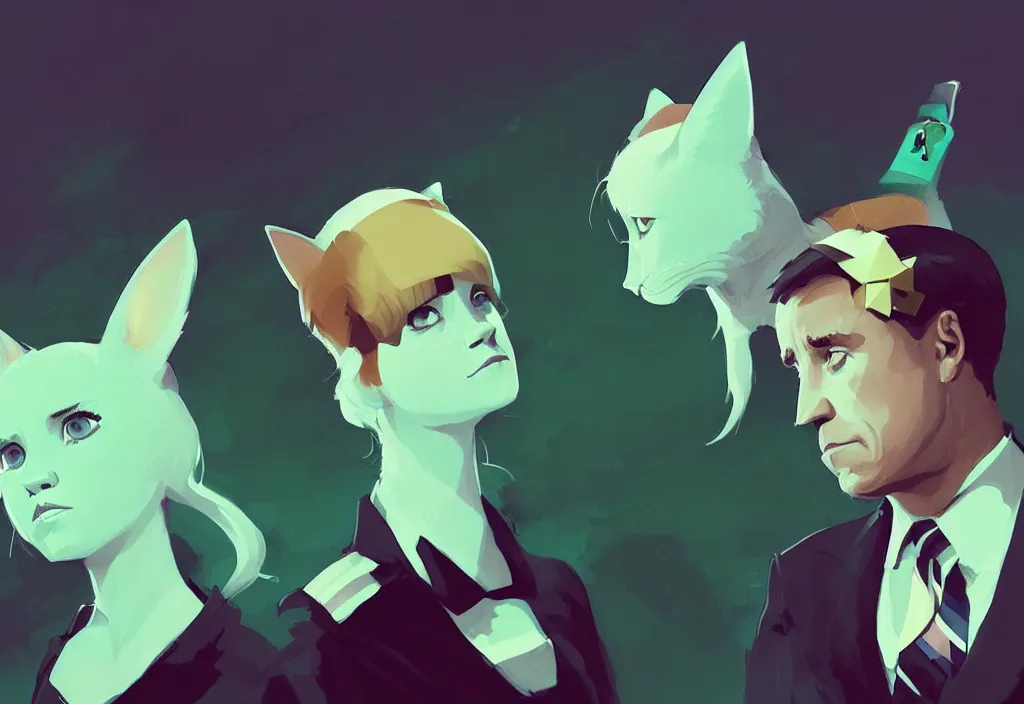 Image similar to joe biden and emma watson with cat ears, epic debates, presidental elections candidates, cnn, fox news, fantasy, by atey ghailan, by greg rutkowski, by greg tocchini, by james gilleard, by joe gb fenton, dynamic lighting, gradient light green, brown, blonde cream, salad and white colors in scheme, grunge aesthetic