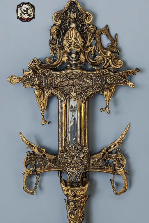 Image similar to sword of justice hanging on a wall, ornate gem in pommel, engraved blade, table at bottom