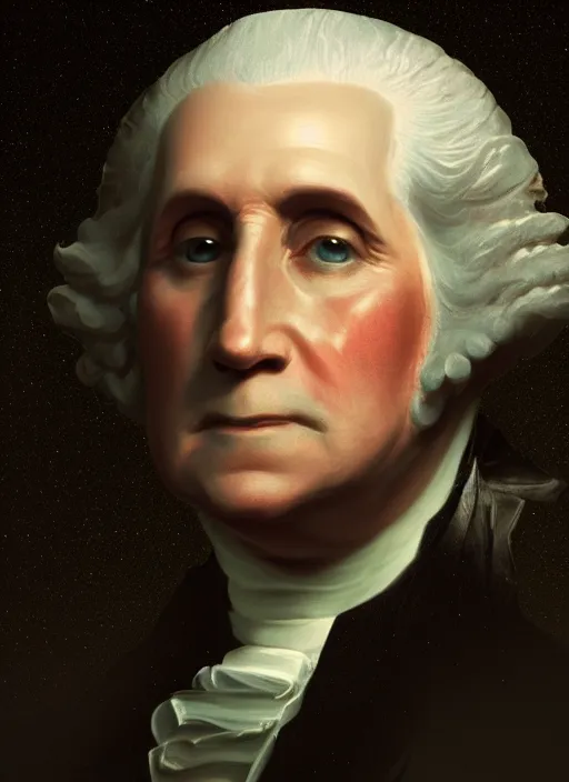 Image similar to glowwave portrait of george washington, au naturel, hyper detailed, digital art, trending in artstation, cinematic lighting, studio quality, smooth render, unreal engine 5 rendered, octane rendered, art style by klimt and nixeu and ian sprigger and wlop and krenz cushart.