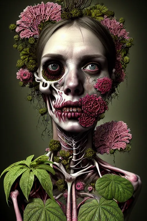 Prompt: very sad and detailed rotten woman corpse with fractal plants and fractal flowers growing around her face muscles, veins, arteries, bones, anatomical, skull, eye, ears, intricate, ornate, surreal, ray caesar, john constable, guy denning, dan hillier