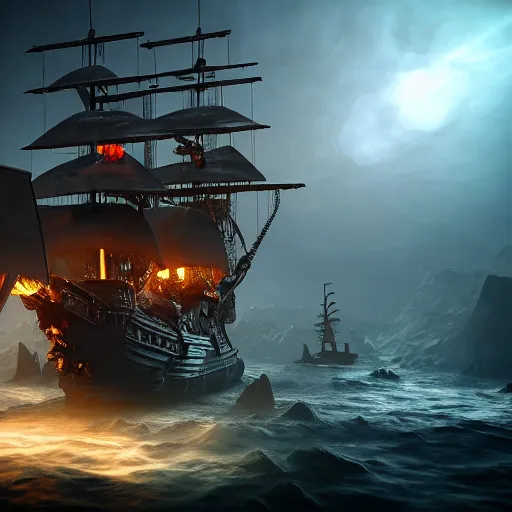 Prompt: ghost pirate ship with a pirate on the foreground, highly detailed, photorealistic portrait, bright studio setting, studio lighting, crisp quality and light reflections, unreal engine 5 quality render