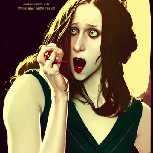 Image similar to in the style of Joshua Middleton and artgerm, Norman Rockwell, evil vampire Taissa Farmiga open mouth with large sharp fangs, waist up, middle shot, moody lighting