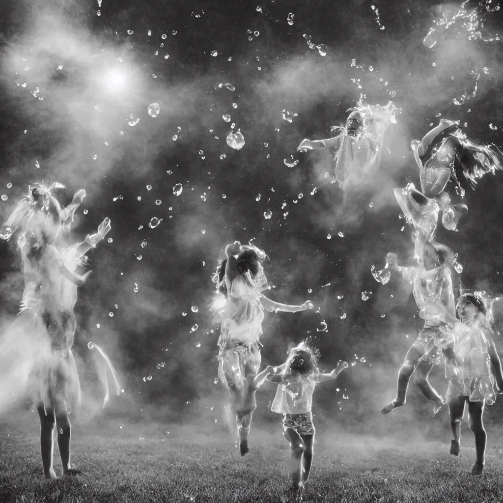 Prompt: editorial photo of two girls throwing water balloons at each other, long exposure, 15mm sigma, kodachrome