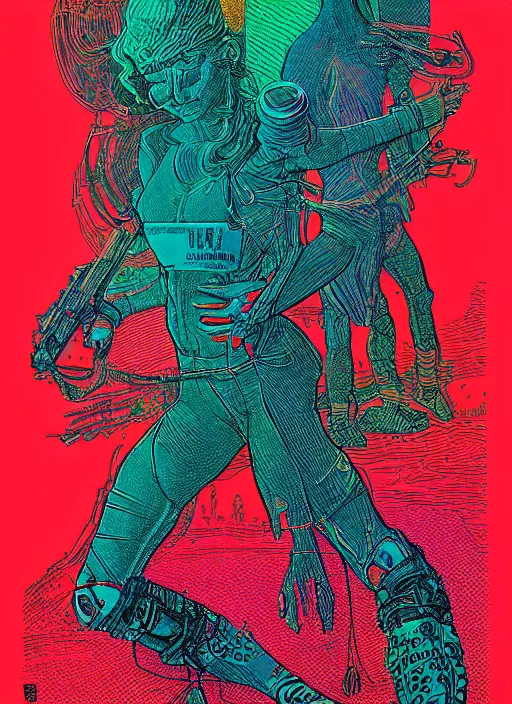 Prompt: detailed grainy risograph, demi human, vivid colors, cberpunk, by moebius and lehr paul and kim jung gi