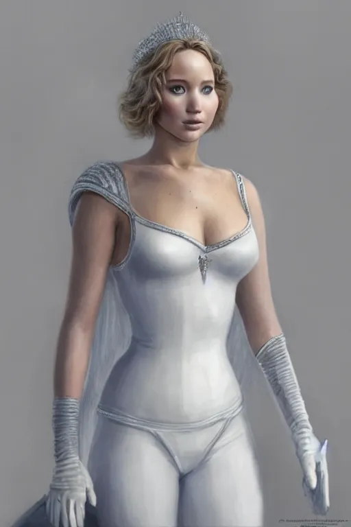 Image similar to Jennifer Lawrence as Queen wearing a White Outfit, anatomy, only two hands, highly detailed, digital painting, artstation, concept art, smooth, sharp focus, illustration, Unreal Engine 5, 8K, art by art by artgerm and greg rutkowski and edgar maxence