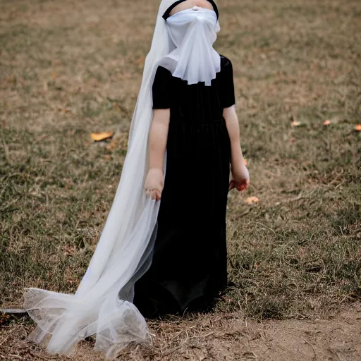 Prompt: ghost girl blindfolded in black wedding dress