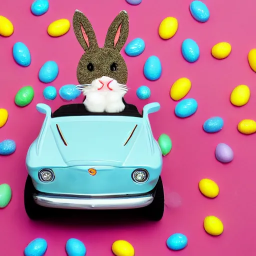 Image similar to easter bunny riding a convertible, studio photo, high quality