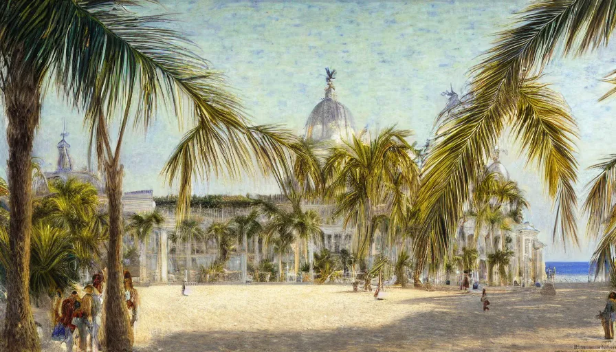 Image similar to a ultradetailed beautiful painting of the amazonas palace balustrade designed by jules bastien - lepage, hans belmer, frank weston and gustave baumann, beach, trending on artstation, mediterranean, palm trees, refracted color sparkles, sharp focus, soft light, 8 k 4 k