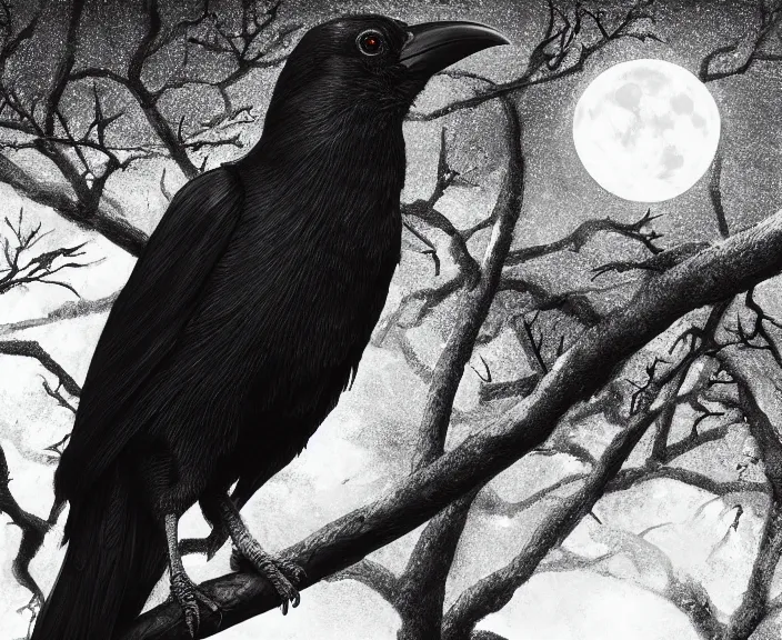 Image similar to a hyper-detailed close-up portrait of a crow on a tree in front of the full big moon; an extraordinary masterpiece; flawless; proud posture; photorealistic eyes; trending on artstation; f/1.4; 90mm