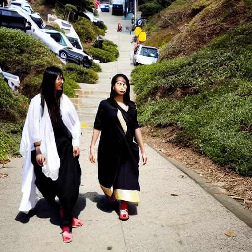 Prompt: A white woman and an East Asian woman, both wrapped in saris, walk up and down the hills of San Francisco on the arm of Indian boyfriends decked in normie tech bro outfits