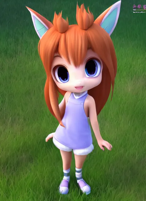 Image similar to female eevee mini cute girl, character adoptable, highly detailed, rendered, ray - tracing, cgi animated, 3 d demo reel avatar, style of maple story and zootopia, maple story eevee, fluffy, dark skin, cool clothes, soft shade, soft lighting, portrait pose